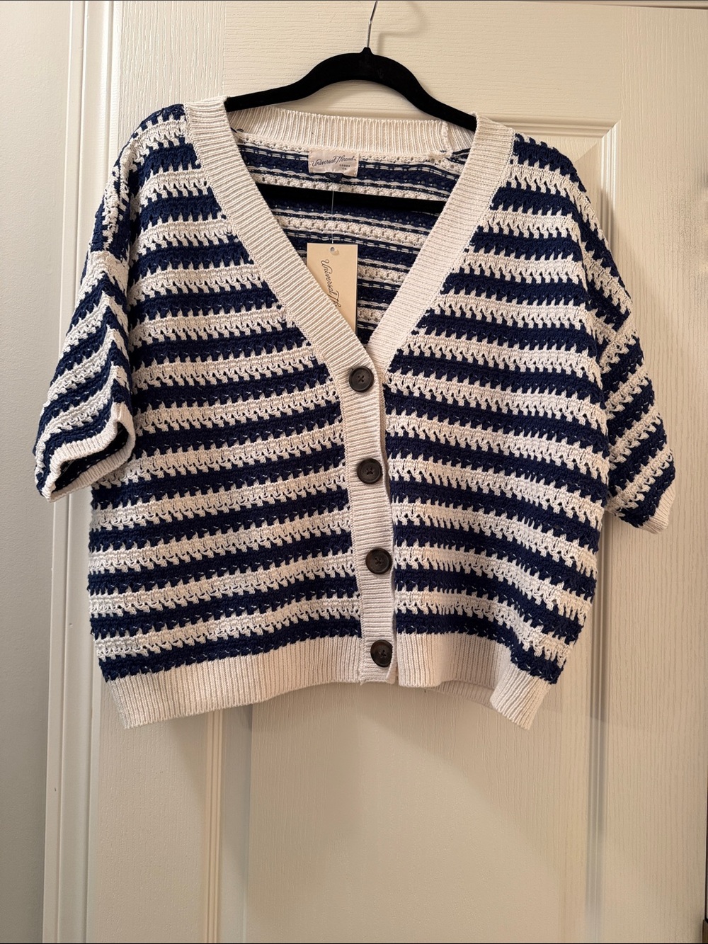 Universal Thread Navy and White Striped Short-Sleeve V-Neck Cardigan